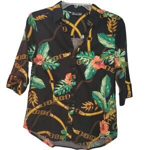 7th Avenue Design Studio Woman's Black Floral Cotton Blend Blouse Size Med